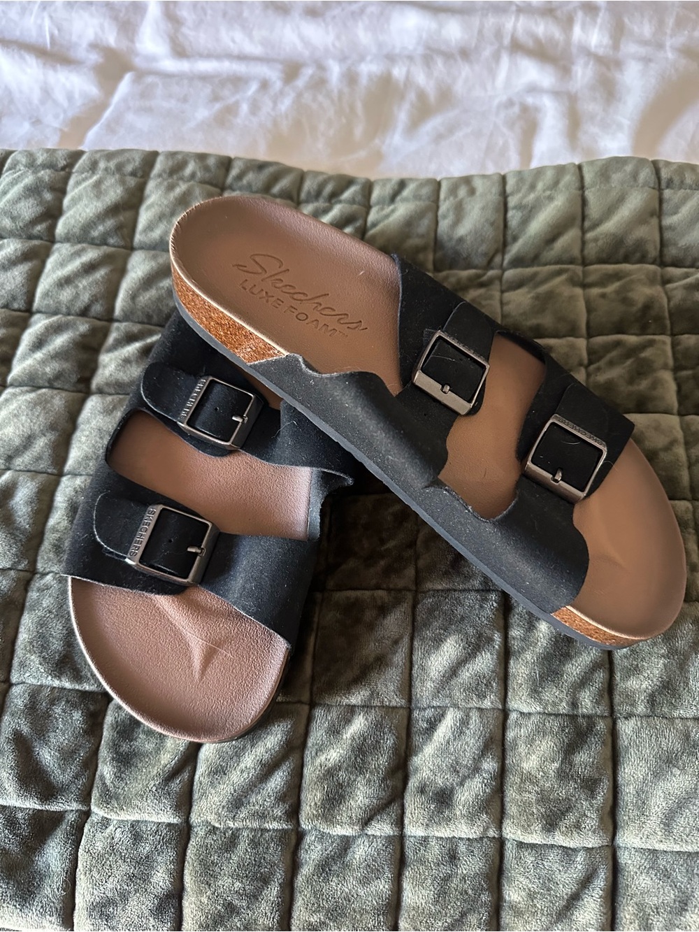 Skechers Black Double-Strap Buckle Slide Sandals